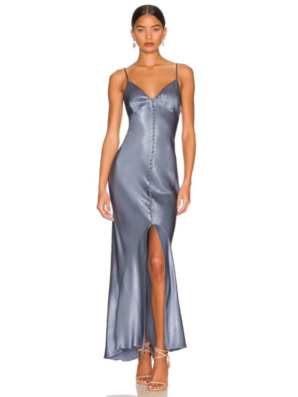 Shona Joy Slate Blue Satin Maxi Slip Dress with Front Buttons